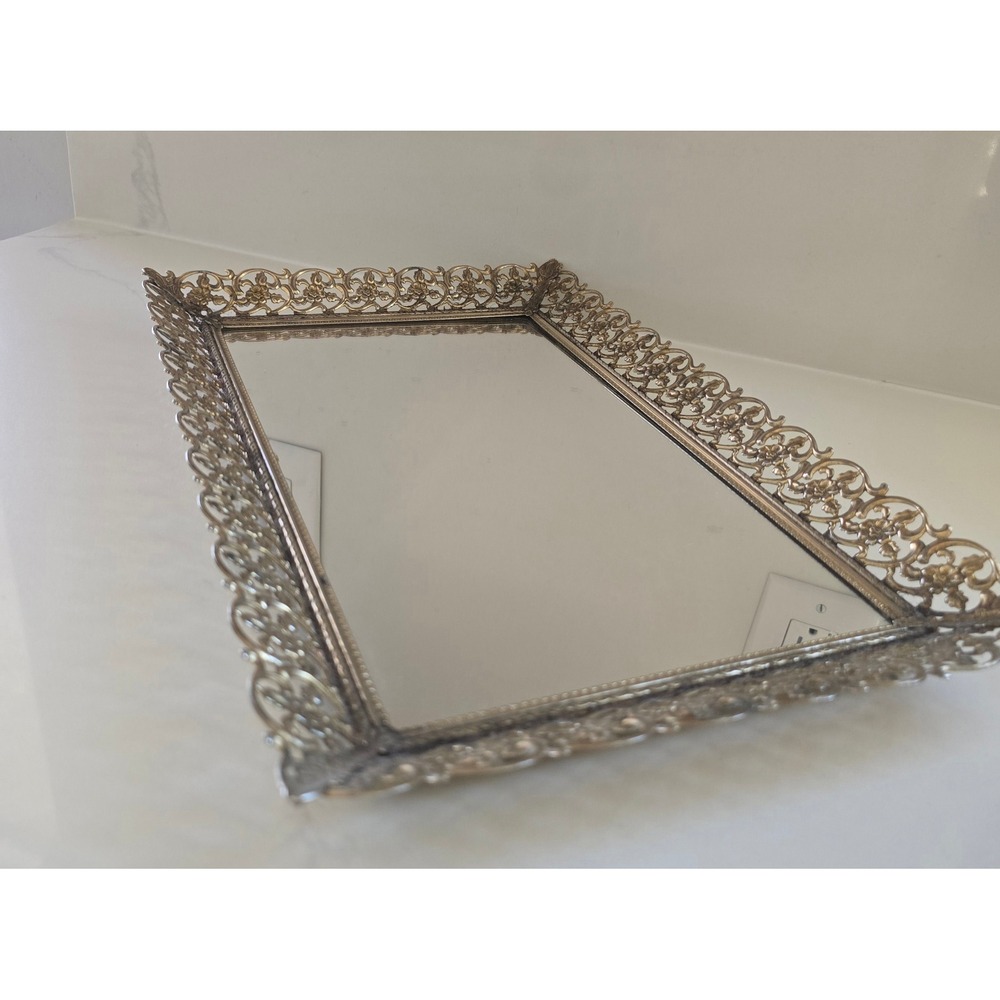 15.5x10.5 in Vintage Gold Filigree Mirrored Vanity Tray Floral Hollywood Regency